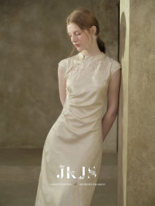 JK＆JS | Viscose Jacquard Mandarin Collar Button Womens Dress