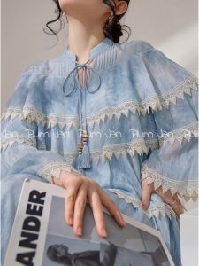 PlumJan | Bộ Đầm Xanh Dài Tay Voan Ruffle Lace