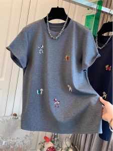 Embroidered Cartoon Short Sleeve T-Shirt Womens Thickened Fleece Spring Autumn Korean Style Loose Fit Creative Pattern