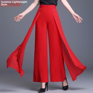 Chiffon High Waist Drapey Wide Leg Pants Womens Spring Summer New Style Drifting Design Sense Slit Skirt Pants Dancing Pants