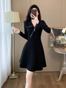 Black Knitted Dress Womens Autumn Winter Slimming Short High Waist A-Line Skirt Korean Style Commute Pure Color Long Sleeve