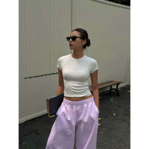 GoGo Burn Grey Basic Short Sleeve round Neck T-Shirt Women Slim Fit Summer New Style Streetwear Casual Solid Color Top