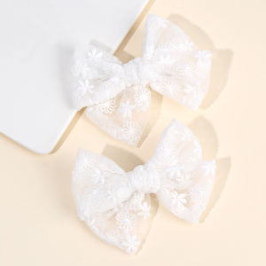 2Pcs Flower Embroidery Bow Hair Clips Sweet Elegant White Lace Net Ponytail Hairpin Girls Kids Childrens Headdress Accessories