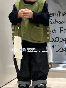 Korean Style Boys Knitted Sweater Vest Fashionable Baby Vest Jacket Long Sleeve round Neck Basic Package Pure Color Male Childrens Clothes