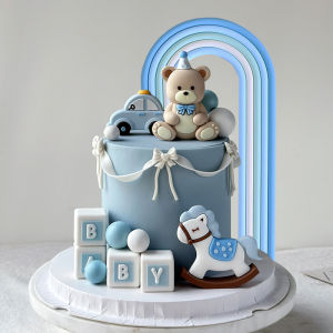 Blue Pink Bear Cake Toppers Baby Blocks for Boy Girl Birthday Party Decoration Rainbow Theme Baby Shower Gender Reveal Supplies