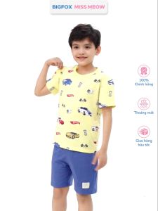 Bộ bé trai Bigfox Miss Meow cộc tay mùa hè chất cotton size đại in ô tô 37911 tuổi 30kg 40kg