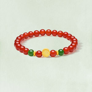 ZHOU LIU FU 24K Solid Gold Bracelets Blessing Stretch Bracelet Red Agate Beaded Bracelet with Green Jade Beads Lucky Pure Gold Jewelry for Women Mom Daughter Birthday 17CM J1913656/J1913657