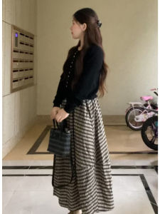 YUEZHONGWEI | Korean Autumn Wear Set Black Knitted Cardigan Check Skirt