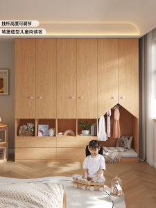 Modern Minimalist Solid Wood Wardrobe Combination Three Door Four Door Oak Color Childrens Bedroom Storage Cabinet Home Use