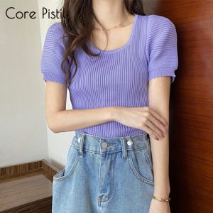 Core Knitted Top Womens Puff Sleeves Round Neck Slim Short T-Shirts
