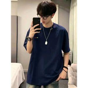OUMULONG | Dark Navy Embroidered American Vintage Tee Shirt for Men