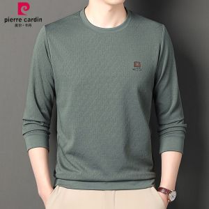 เสื้อยืดแขนยาวผ้าไหมไหมพรมระดับไฮเอนด์สำหรับผู้ชาย Pierre Cardin ทรงหลวมสบาย ๆ คอตั้ง แฟชั่นฤดูใบไม้ผลิและฤดูใบไม้ร่วง
