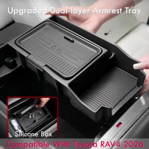PUOU | Fit Toyota RAV4 2026 Armrest Organizer Tray Silicone Dual-Layer Center Console Storage Box RAV 4 Insert With Hidden Box