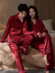 LEZIMENG | Wedding New Couples Sleepwear Ice Silk Long Sleeve Spring Autumn Red