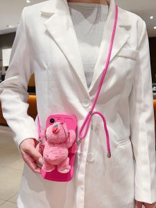 Cute Pink Plush Phone Case for iPhone 14 16 pro Max Crossbody Strap Apple 15 Strawberry Bear I13 Clip Xsmax Lanyard 8 plus XR Lovely 11 3D Doll 12 pro Soft Shell