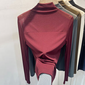 Elegant Pure Color Half Collar Lace Mesh Long Sleeves T-shirt Female 2024 Early Autumn New Chiffon Shirt Bottoming Shirt Tops