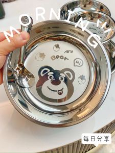 Adorable Bear Shaped Stainless Steel 316L Baby Plate Space Man Cartoon Kids Dinner Bowl Fruit Snack Deep Dish Dining Utensils