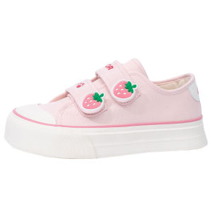Warrior | Womens Low Top Canvas Shoes Adorable Strawberries Pink Breathable Lightweight Magic Tape Thick Bottom Casual Footwear