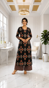 Ready Stock in Malaysia Black Printed Rayon Kurti & Pants Set