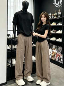 ZHUOCAN | Retro Style Coffee Color Linen-like Flax Trousers Wide Leg Pants