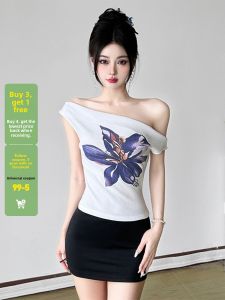 WEEKEEP Slim Fit Floral Print One Shoulder Short Sleeve T-Shirt Womens Stylish Summer Top Street Style Polyester Spandex