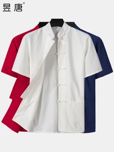Chinese Style Tang Suit Mens Shirt Short Sleeve Middle-Aged and Elderly Retro Chinese Style Stand Collar Lay Buddhist Clothes Old Coarse Cloth Pure Cotton Zen Clothes Summer