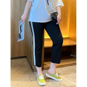 Plus Size Fat mm 150.00kg Side Stitching Stripes Asymmetrical Casual Pants Womens Summer Elastic Waistband Slimming Straight-leg Cropped Pants 2