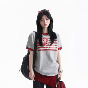 zuocisankon | Vintage Style Flag Contrast Color Loose Short Sleeve Tee Shirt Women