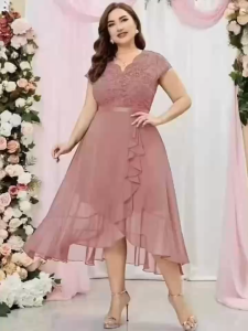 D#976 Elegant Plus Size Chiffon Midi Dress with Lace Detail and Ruffle Hem
