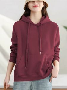 Loose Fit Pure ผ้าฝ้าย เสื้อฮู้ด ฤดูใบไม้ร่วง ฤดูหนาว ทันสมัย สีทึบ โอเวอร์ไซส์ เสื้อสเว็ตเชิ้ต ลำลอง เสื้อยืดสบาย ผู้หญิง