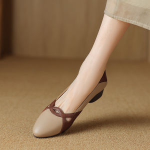 Wanda Brand Comfortable French Leather Color Block Low Heel Womens Shoes 2024 New Pointed Toe Shallow Mouth Small Leather Shoes
