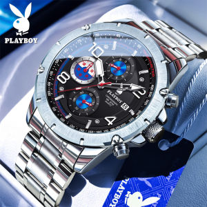 PLAYBOY นาฬิกาสำหรับผู้ชาย แบรนด์แท้ กันน้ำ 2025 แบบใหม่ สไตล์ธุรกิจ แฟชั่น สแตนเลสสตีล โครโนกราฟ ปฏิทินกันน้ำ นาฬิกาควอตซ์เรืองแสง