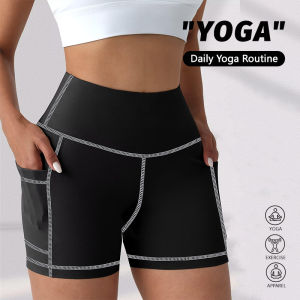 Women High Waist Leggings Yoga Shorts with Pockets Contrast Stitching Butt Lifting High Stretchy Shorts for Gym Fitness Running