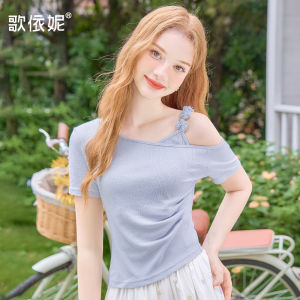 Áo Thun Nữ Tay Ngắn Màu Xanh Mây Ôm Eo Hở Vai Mùa Hè 2025 Dáng Rộng Cổ Tròn Thường Ngày Chất Liệu Polyester Cotton Spandex