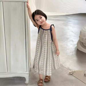 Girls Casual Dresses Summer New Korea Childrens Clothing Korean 2026 Lovely Fragmented Flowers Loose Fashion Striped