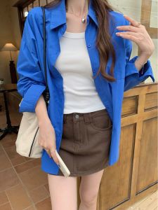 Blouses Workwear Tops Spring and Autumn Lazy Style Long Sleeve Cardigan Small Shirt Klein Blue Thin Coat