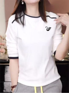 100% Pure Cotton Long Sleeve Base Layer T-Shirt Womens Spring Autumn New Fashion Slim Fit Versatile White Top Breathable Comfortable