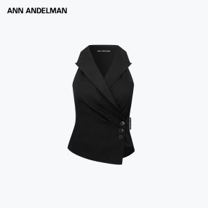 ANN ANDELMAN | Black French V-neck Fitted Waist Wrinkle Vest
