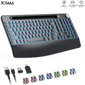 Wireless Keyboard with 7 Colored Backlits Wrist Rest Phone Holder Rechargeable Ergonomic Full Size Keyboard with Silent Keys