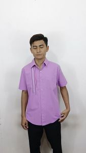 Kemeja Bordir Lilac Lengan Pendek Pria Dewasa Katun Poplin Baju Kancing
