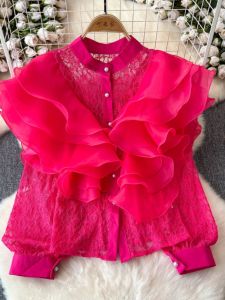 Autumn New Arrival Accessible Luxury Fairy Pink Ruffles Court Noble Elegant Lace Shirt Easiest for Match Design Blouse