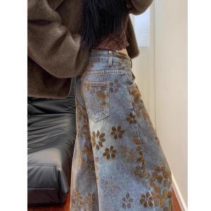 American Retro Floral Print Loose Jeans Womens Wide Leg Denim Pants Autumn Winter Plus Size Slimming Floor-Length Trousers
