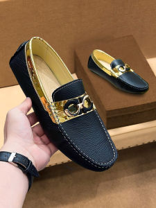 Genuine Leather Soft Bottom Mens Driving Slip-On Loafers Spring Autumn Casual Trendy Brand Bean Shoes Gold Edge Detail