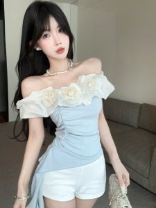 GUZILIAN | Pure Desire Style One Shoulder Flower Sash Short Sleeve T-Shirt Women Summer Design Slimming Waist Effect Sweet Top