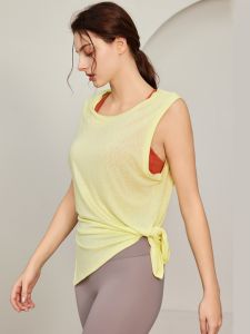 เสื้อยืดคอกลมแขนกุดหลวมๆ สำหรับผู้หญิง ชุดโยคะ ออกกำลังกาย วิ่ง ปัตตี้ ฤดูร้อน 2023 ผ้าฝ้ายผสมโพลีเอสเตอร์ ความยาวปกติ