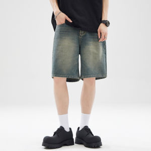 กางเกงขาสั้นยีนส์ทรงตรงหลวมๆ สไตล์อเมริกันย้อนยุคสำหรับผู้ชาย กางเกงขายาวทรงตรง CleanFit 5 นิ้ว ทรงหลวมๆ สำหรับฤดูร้อน