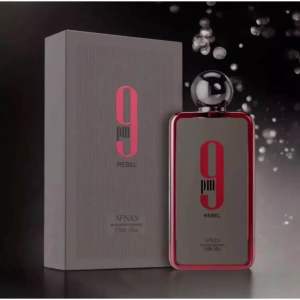 AFNAN 9 pm Night Out Rebel perfume bottle with black textured design and spherical cap presented with matching black box.