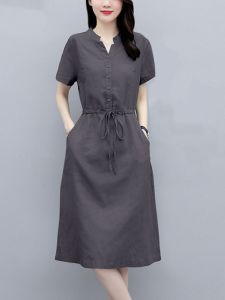 Elegant Linen Midi Dress plus Size Belly Covering Slimming Womens New Summer Bassin Et Roze Dress Large Size Mid-Length Dress