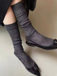 Miu Style Cotton Wide Stripes Breathable Type Tube Socks White Korean Style Minimalist Easiest for Match Sweet Japanese Pile Style Calf Socks