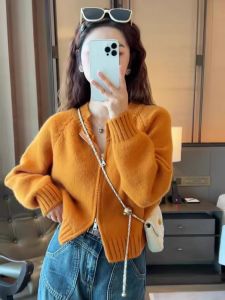 This Years Popular Beautiful Orange Zipper Sweater Cardigan Female Fall and Winter Outer Wear Loose and Lazy Style Oversized Knit Outwear